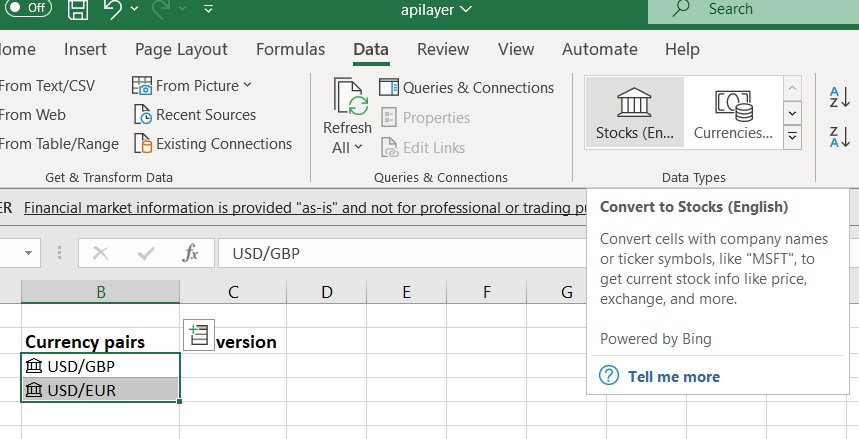 Getting real-time and historical exchange rates data in Excel - Adding a data type for currencies