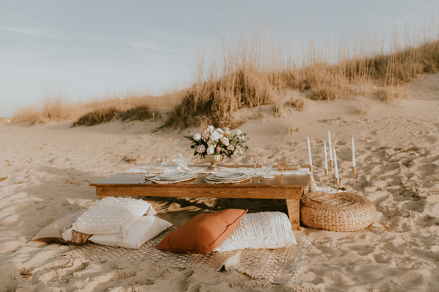 Luxury beach picnic set up by Moonfly Events in Virginia Beach