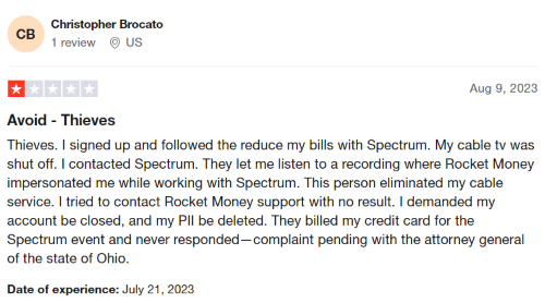 A 1-star review from a Rocket Money user unhappy that they got their cable cancelled instead of the bill reduced. 