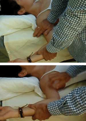 Figure 3. The Anterior release test for anterior shoulder 
instability. The patient is supine, the arm is abducted 
and externally rotated, the examiner's hand closest to 
the patient applies a downward force over or close to 
the humeral head in an attempt to relocate and secure 
it within the glenoid. Once a firm pressure is applied the 
patient's arm is externally rotated further at which stage 
the humeral head is suddenly released. The patient may 
experience pain, apprehension or a combination during 
the release phase of the test. Extreme caution is required 
because if the shoulder is very unstable, dislocation may 
occur during the release phase