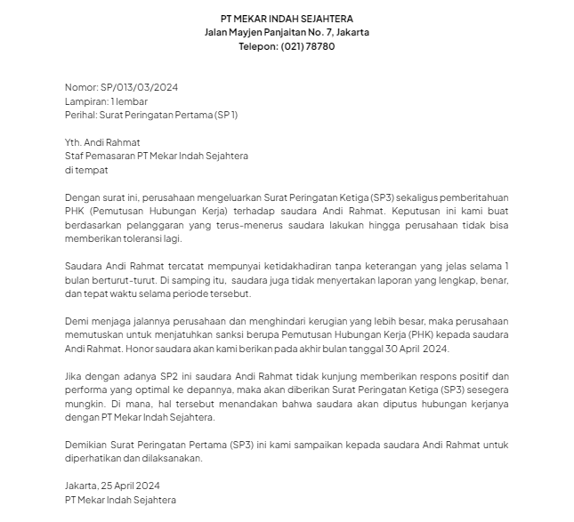 Contoh Surat Peringatan Karyawan SP3