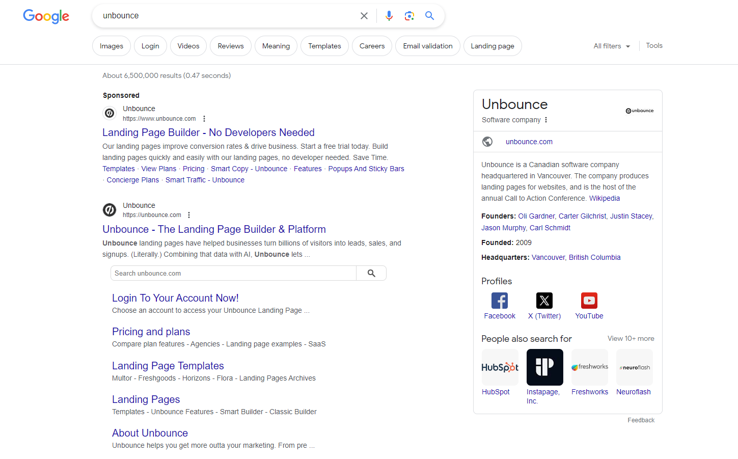 search results for the software company "Unbounce"