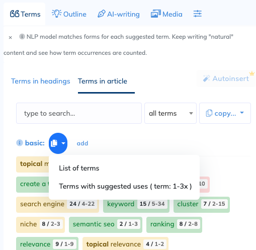 NeuronWriter NLP keywords