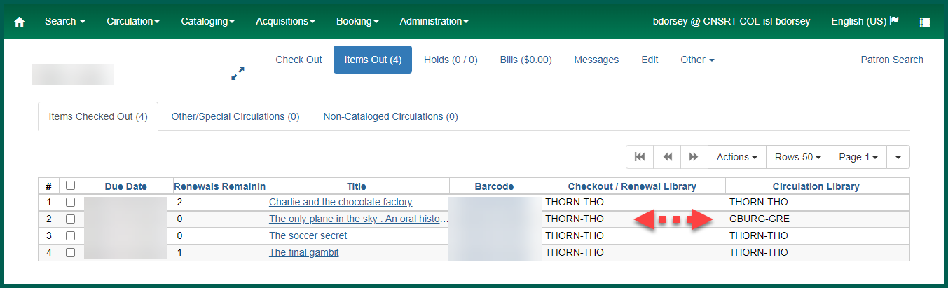 Arrows pointing between checkout library tab and circulation library tab within a patron account