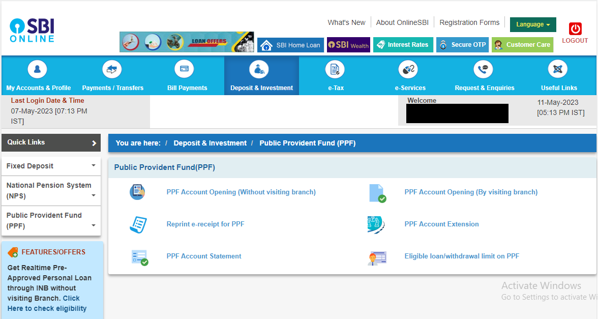 Step 5: Select the ‘PPF account opening (without visiting branch)’ option.