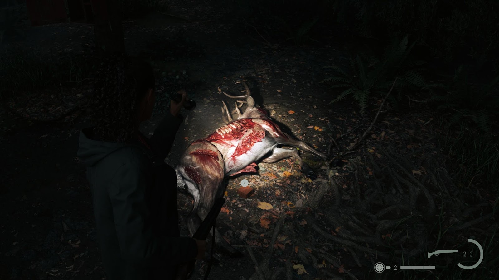 An in game screenshot of a mauled deer from the game Alan Wake II. 