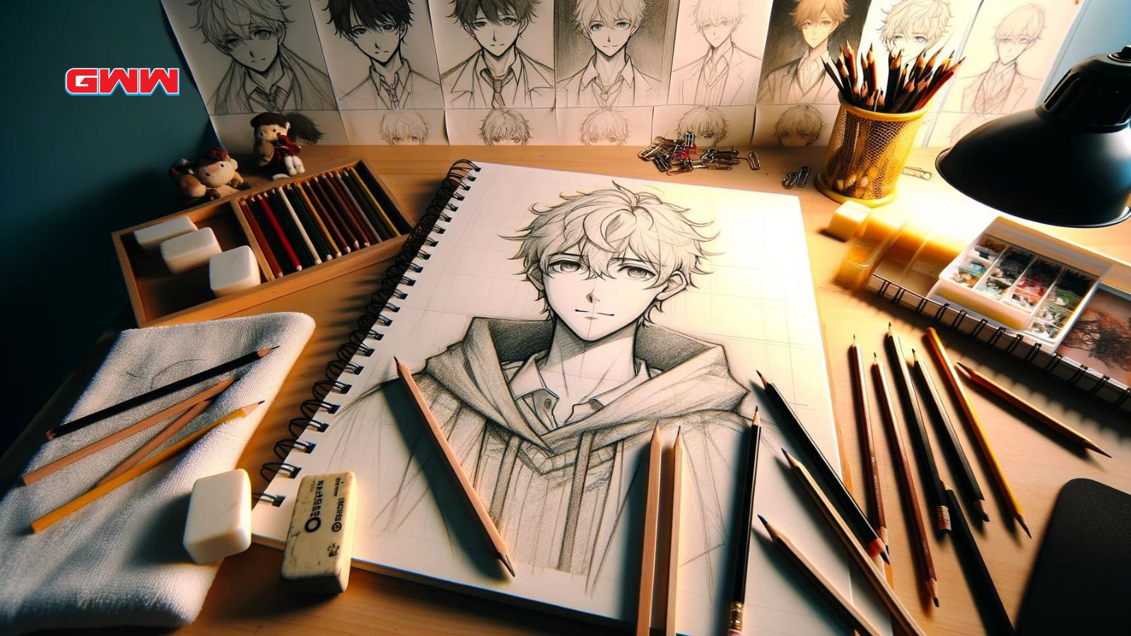 Drawing anime boy, desk with sketchbook, pencils, and character sketches