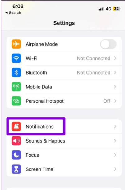 Go to the Settings app on iPhone and click on Notifications