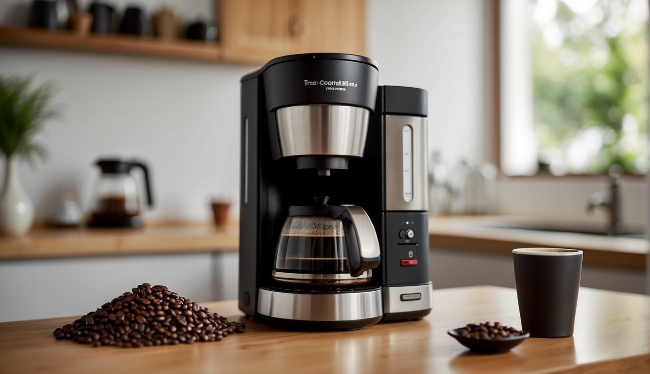 A Tres Corações Mimo coffee maker sits on a clean kitchen counter, surrounded by freshly ground coffee beans and a steamy cup of espresso