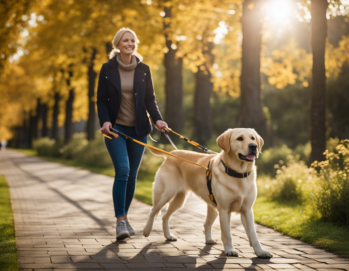 a blind woman walking in a park holding an orange cane and a leash with labrador retriever to guide her