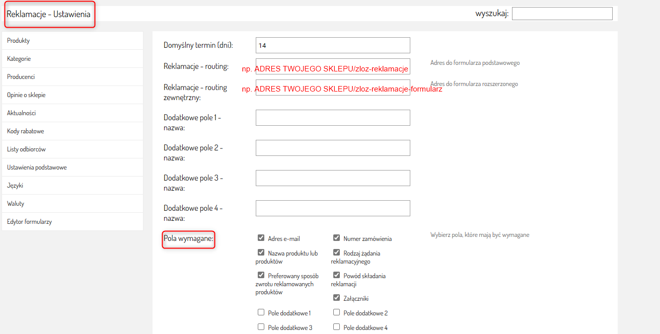 Personalizowane pola formularza modułu RMA Sellingo.