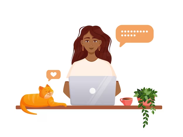 Graphic of a Woman Working and Thinking of Ideas With a Cat