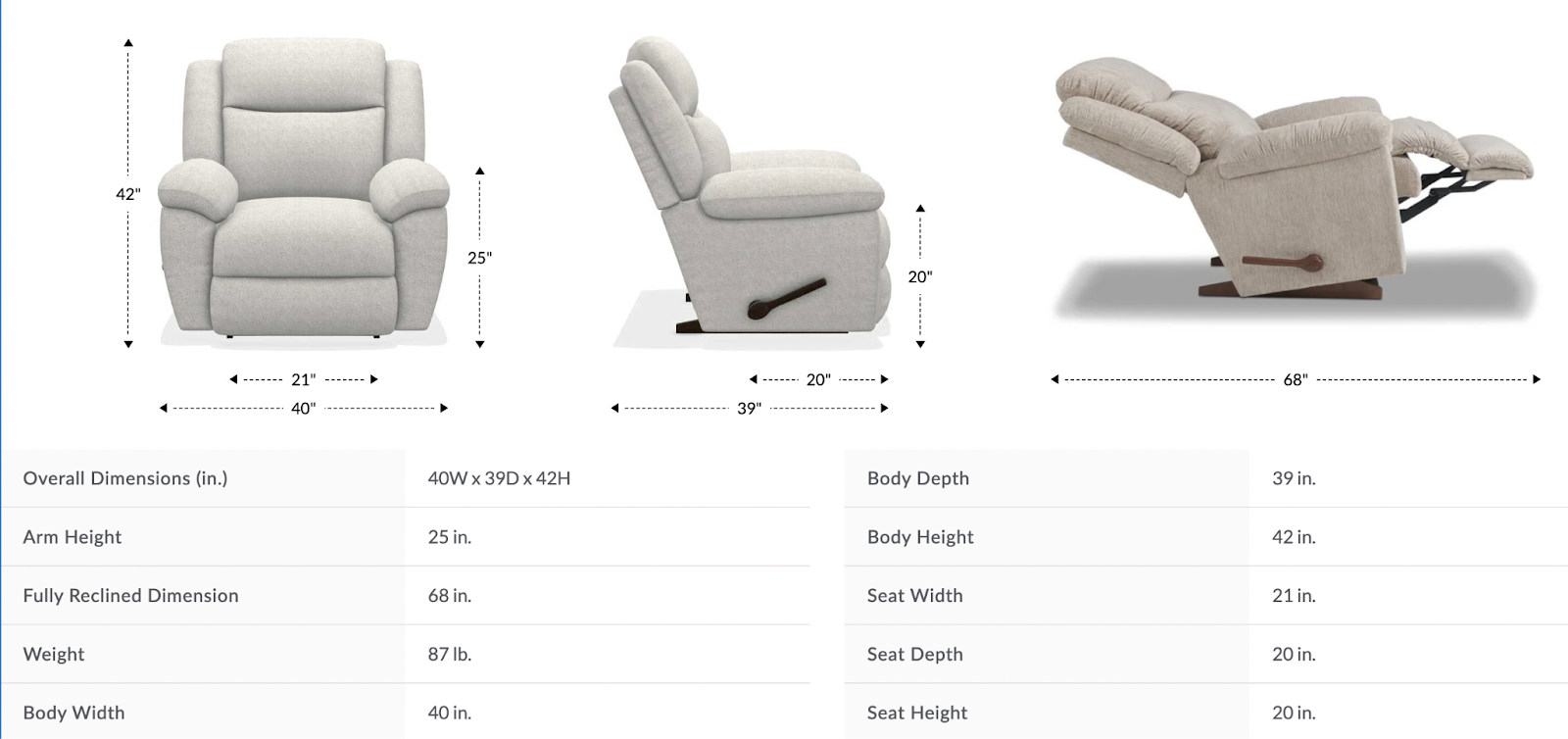 joel wall recliner dimensions