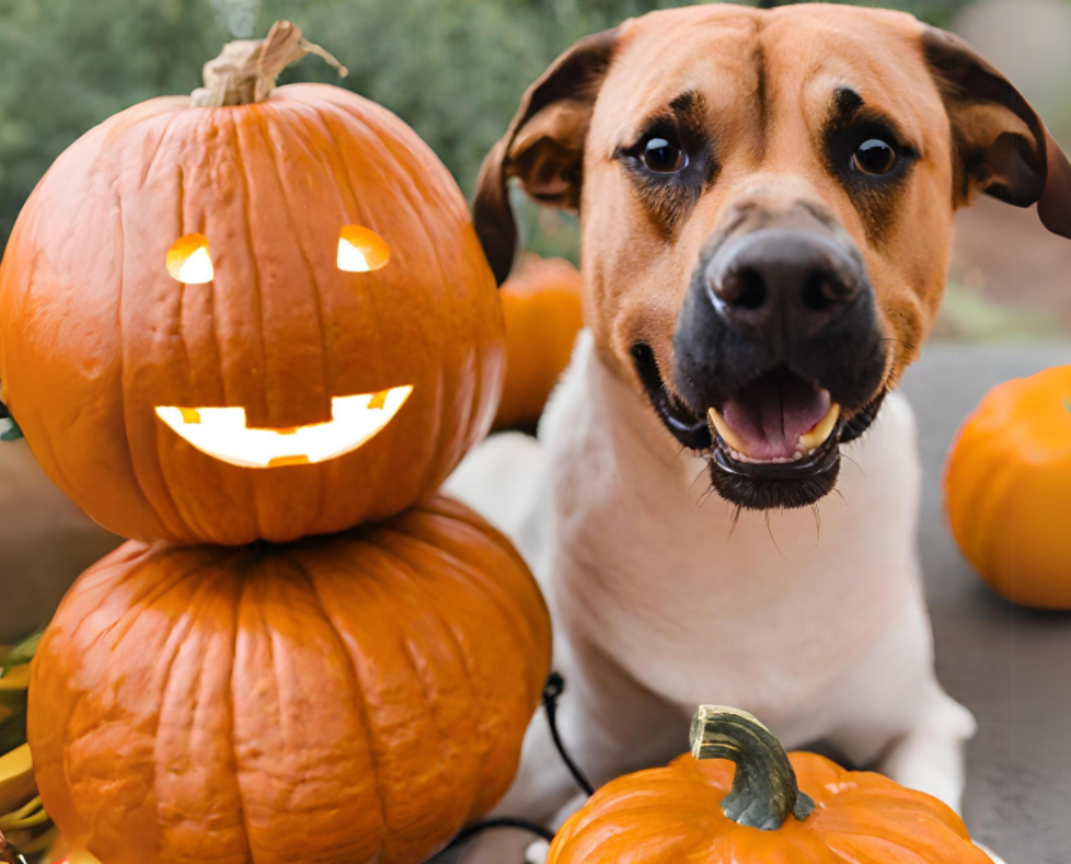 Dog enjoying pumpkins and a pet-friendly halloween