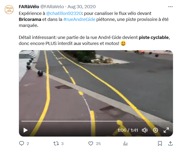 Capture d'écran du tweet de FAR à vélo sur le réaménagement de la rue André Gide