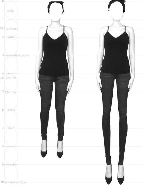 The above image illustrates the difference between a realistic body (left) and a fashion croquis with 9 heads proportion (right)