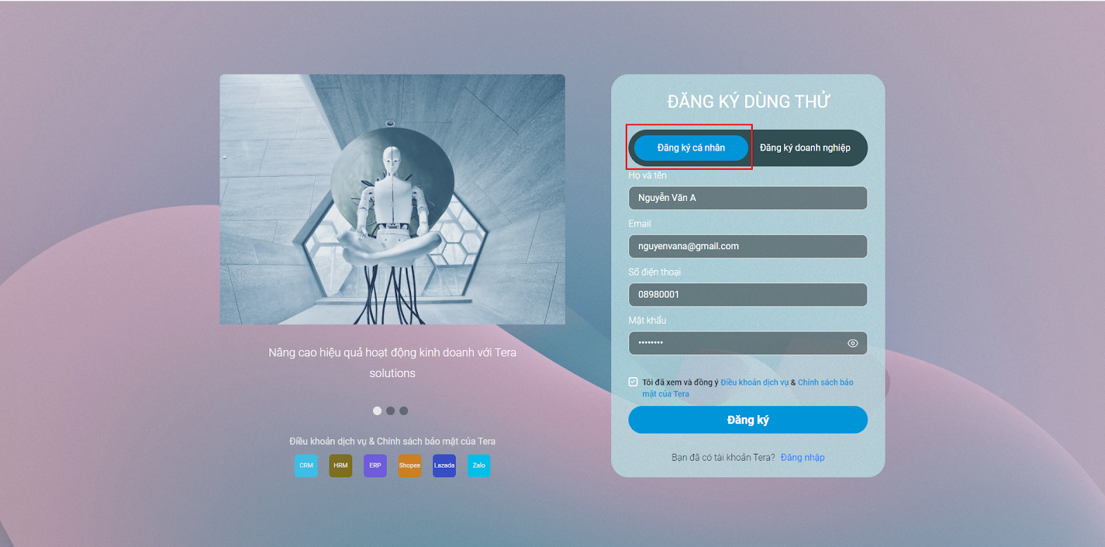 Đăng ký cá nhân Tera CRM