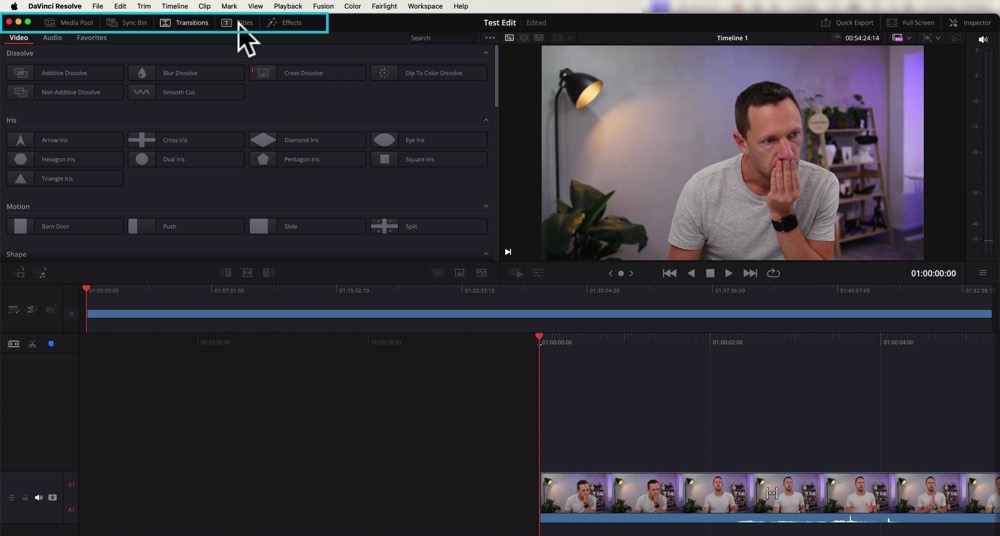 Media Pool, Transitions, Titles, and Effects menu at the top left of DaVinci Resolve 18