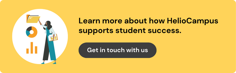 On the left, an illustration of a person holding and reaching into a file. On the left, the text reads: "Learn more about how HelioCampus supports student success. Get in touch with us."