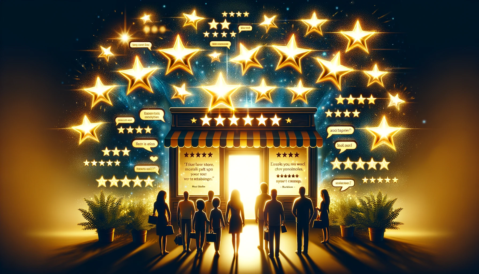 A group of people standing in front of a store with stars