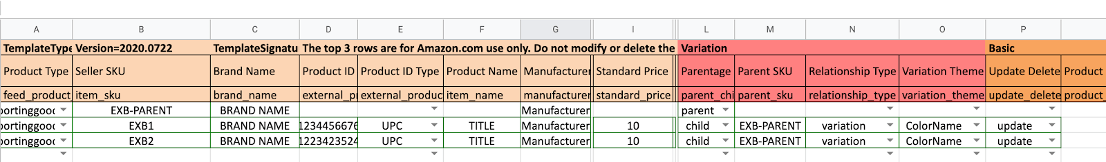 Amazon product listing variations: spreadsheet