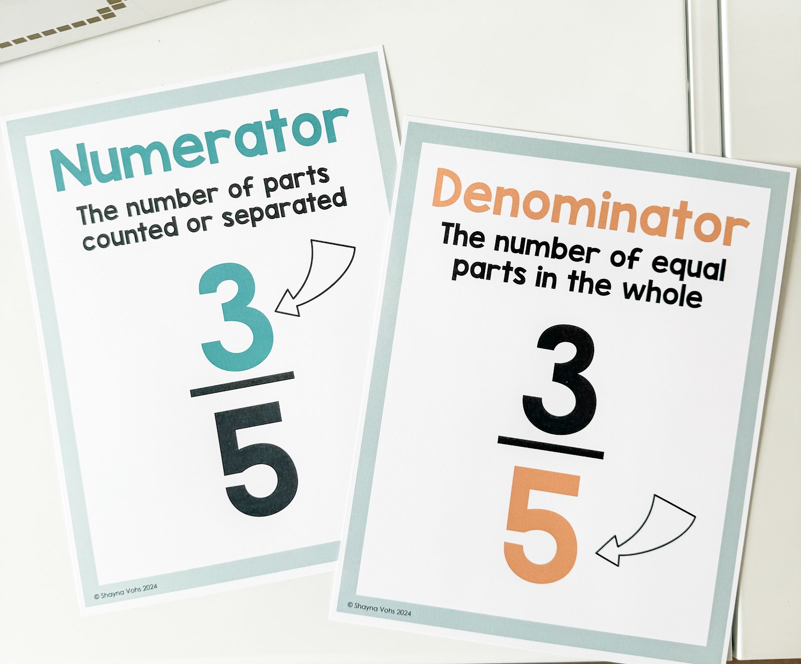 This image shows fraction anchor charts. One is for Numerator and reads "The number of parts counted or separated". The other is for Denominator and reads "The number of equal parts in a whole." Both posters show an image with the text. 