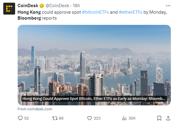 Tuit de CoinDesk que anuncia la potencialmente inminente aprobación de los ETF de bitcoin y ether en Hong Kong
