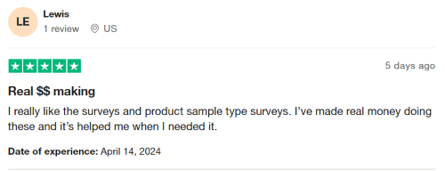 A 5-star Ipsos iSay review from a user who likes the surveys and product sample opportunities and has found the money they make with them helpful. 