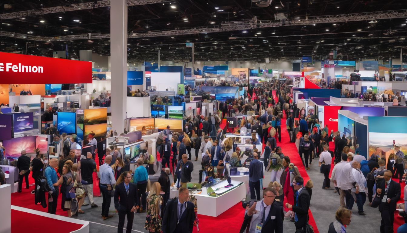 A vibrant trade show floor filled with colorful booths and networking professionals.