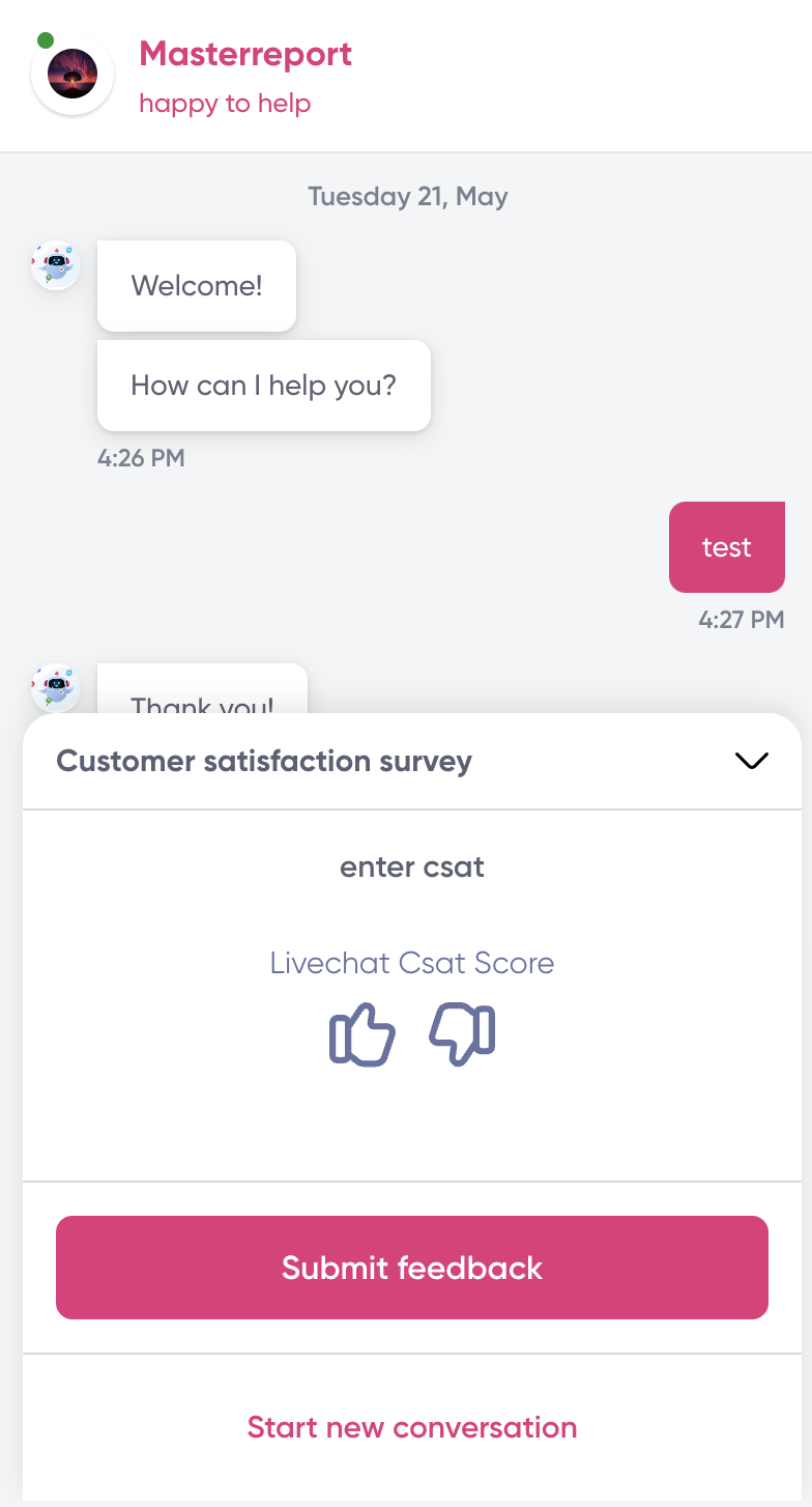 Live Chat interface showing collapse CSAT form and start new conversation options.