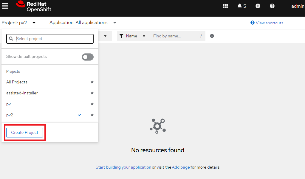 Creating a new project within the Red Hat OpenShift Console from the project switch drop-down list.