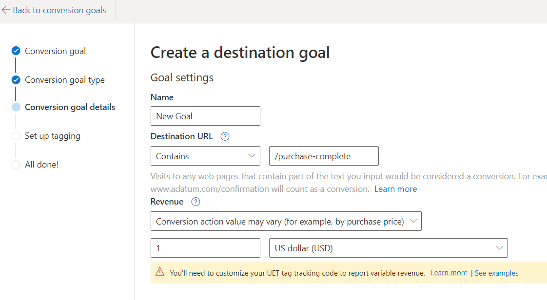 Set Up Microsoft Ads Conversion goals 4