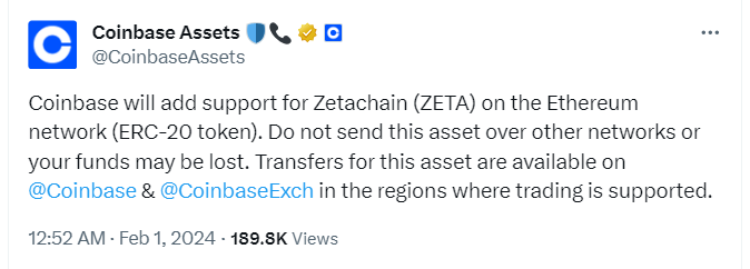 交易所Coinbase今日將上線ZetaChain（ZETA）
