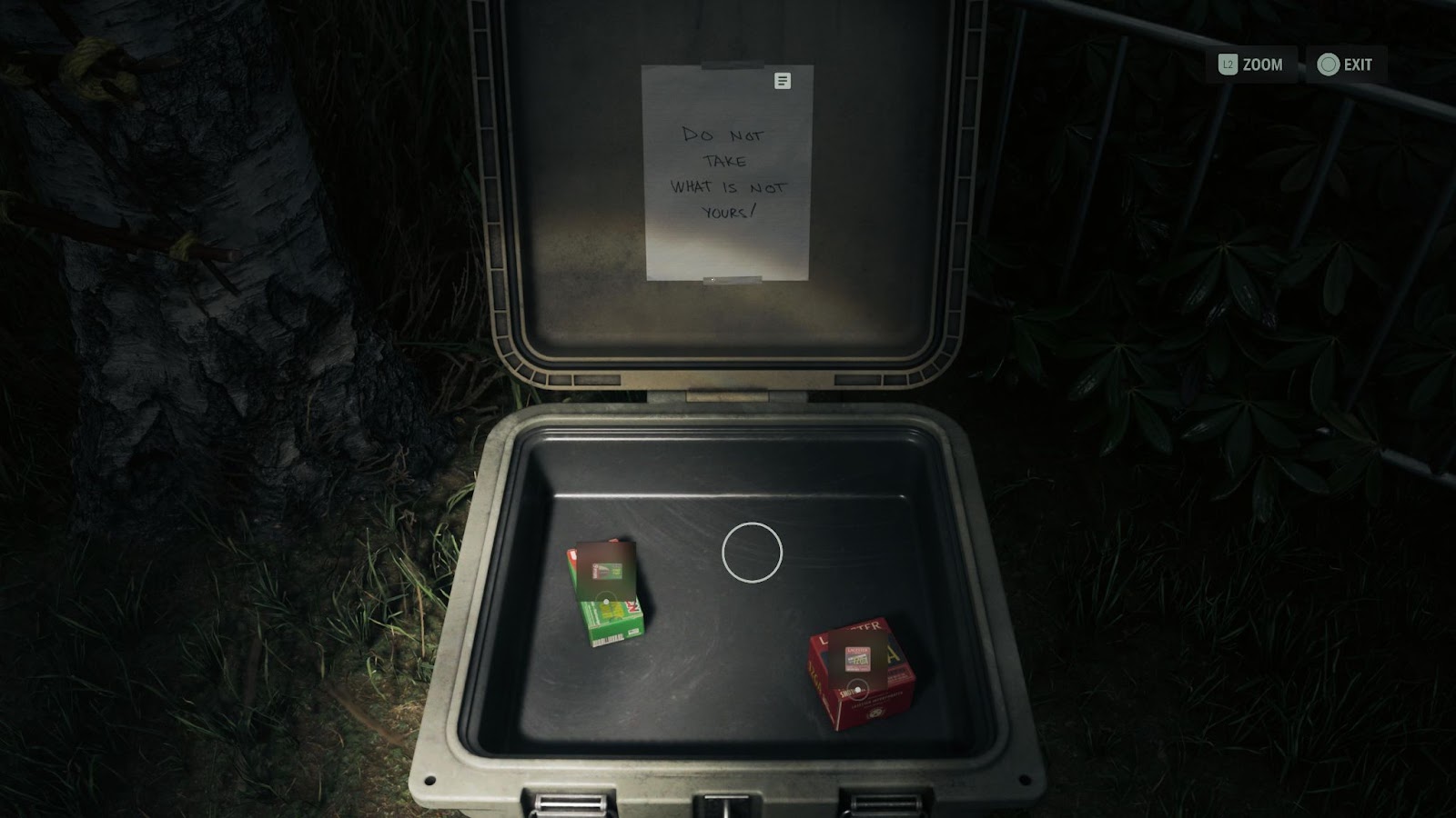 An in game screenshot of the inside of the Only Striped Cups cult stash in Coffee World from Alan Wake II. 