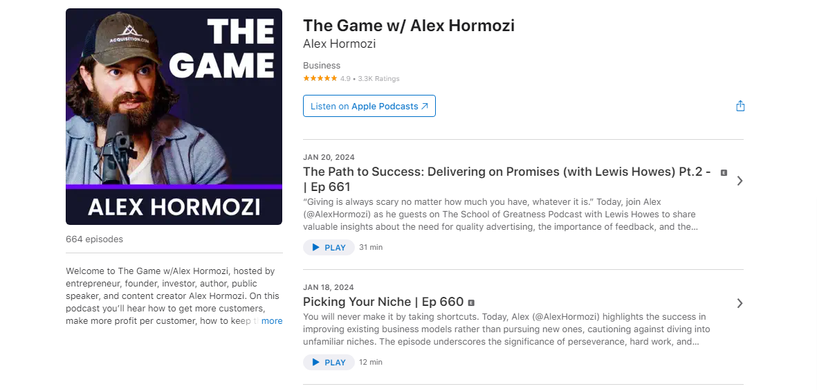 The Game with Alex Hormozi. A startup podcast to entrepreneurship without sacrificing your health