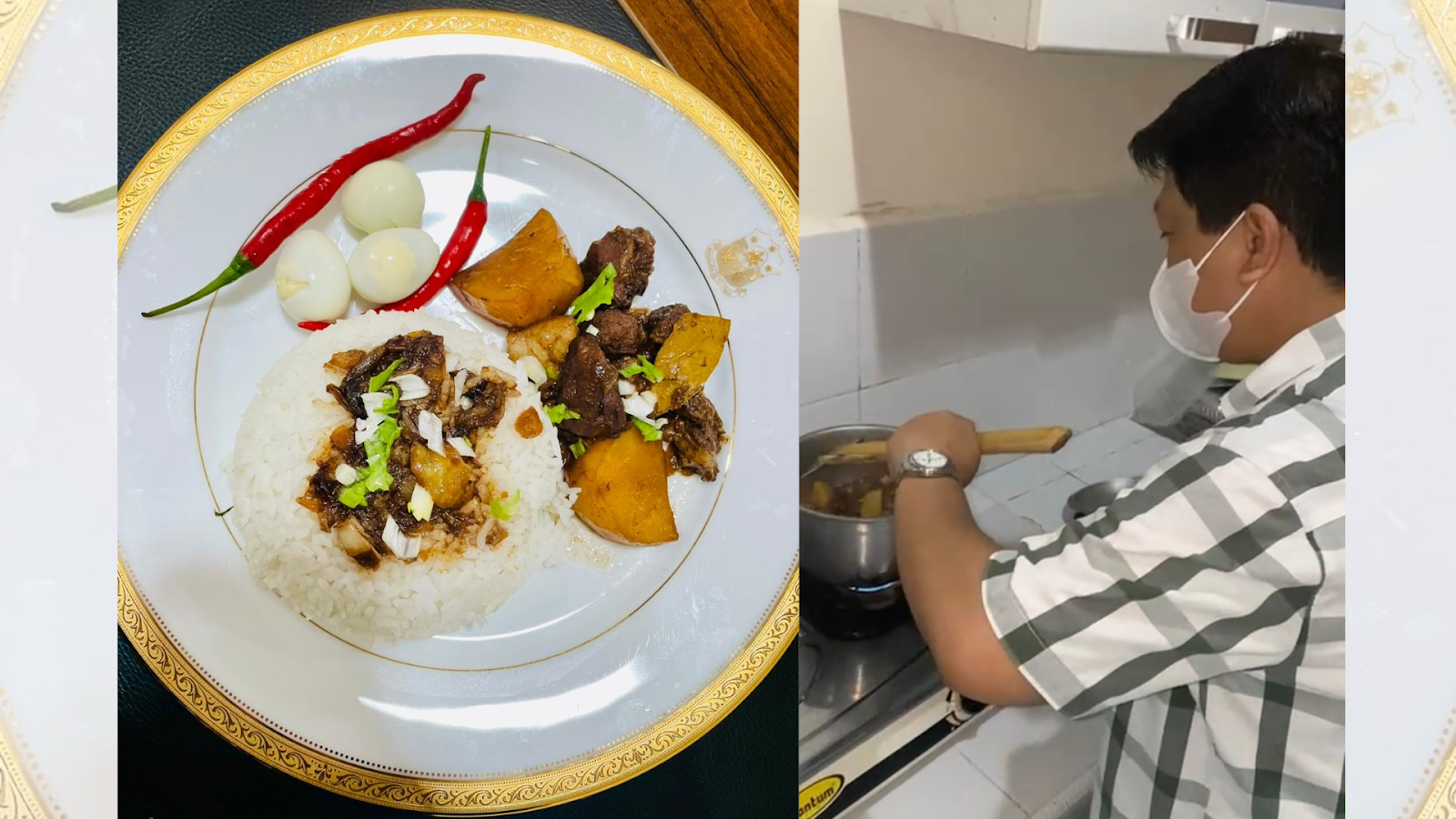 A person cooking and a plate of foodDescription automatically generated