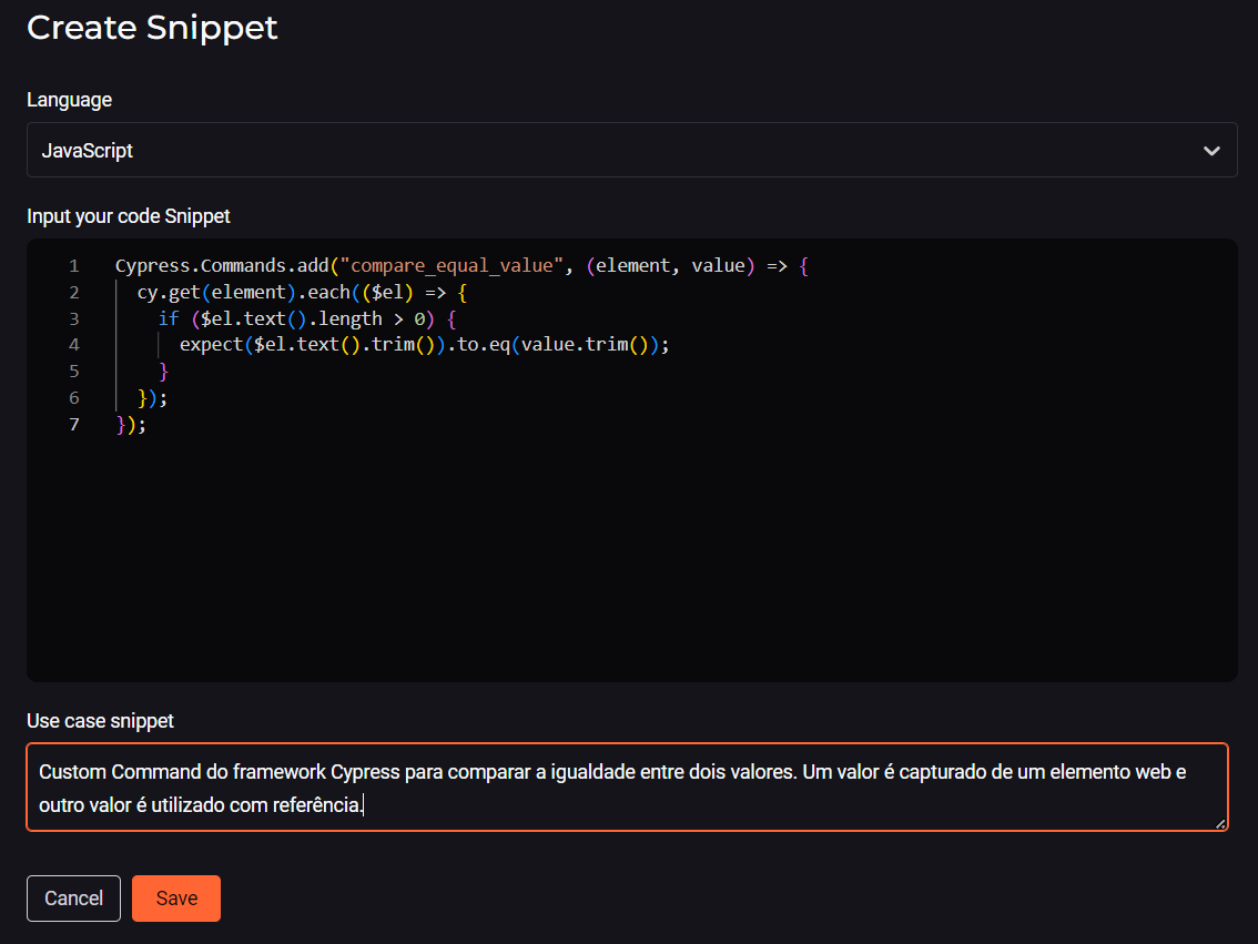 Imagem da tela de cadastro de um Snippet na plataforma StackSpot AI, com os campos: Language, Code e Use case.