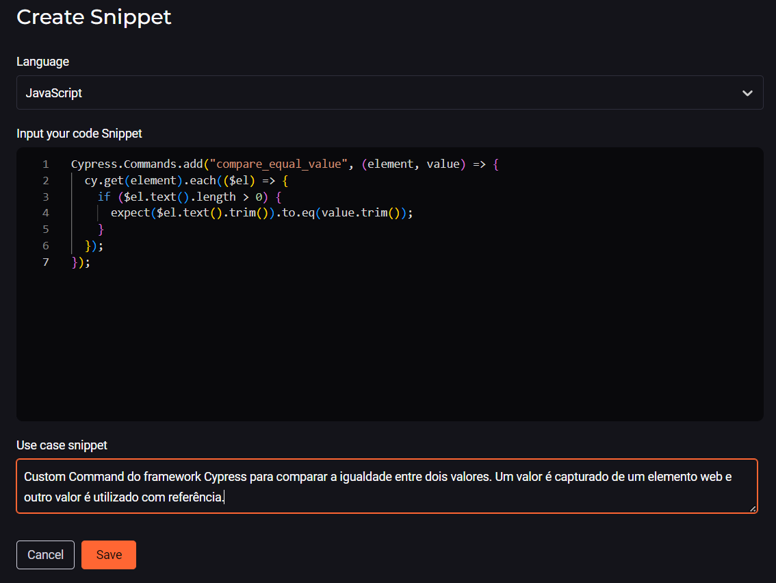 Imagem do artigo sobre teste de aceitação com imagem da tela de cadastro de um Snippet na plataforma StackSpot AI, com os campos: Language, Code e Use case.