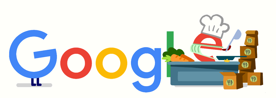 Google logo in doodles with chef hat, food boxes, carrots, and pan.