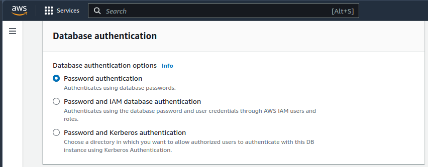 This step will allow you to define the authentication method: password, IAM, and kerberos.
