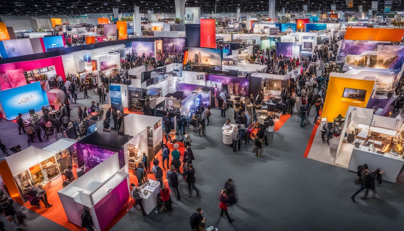 A vibrant trade show with diverse booths and busy atmosphere.
