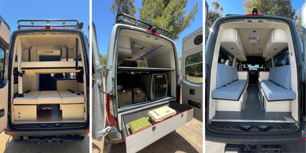 looking inside the back of three different campervans