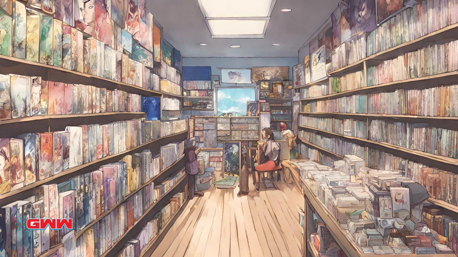 Customers inside a cozy anime store browsing through manga