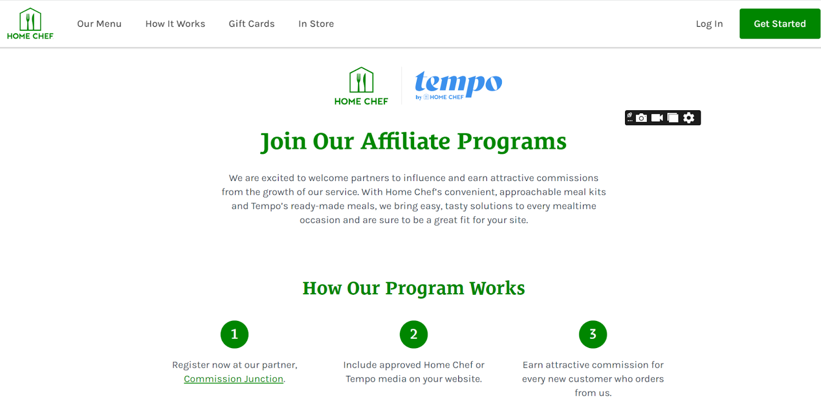 Home chef affiliate program website home page