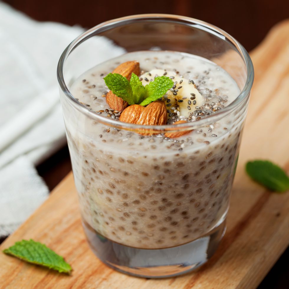 high protein breakfast pudding or smoothie with chia seeds, vegetarian food
