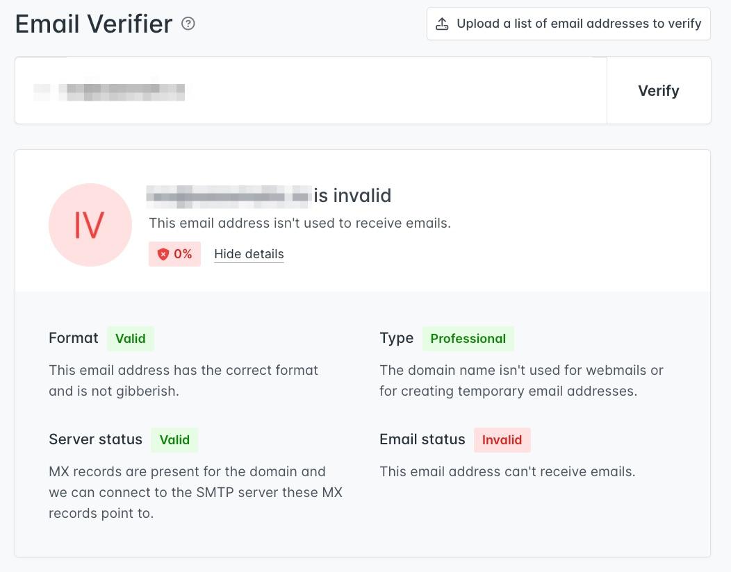 email verifier tool returns invalid result