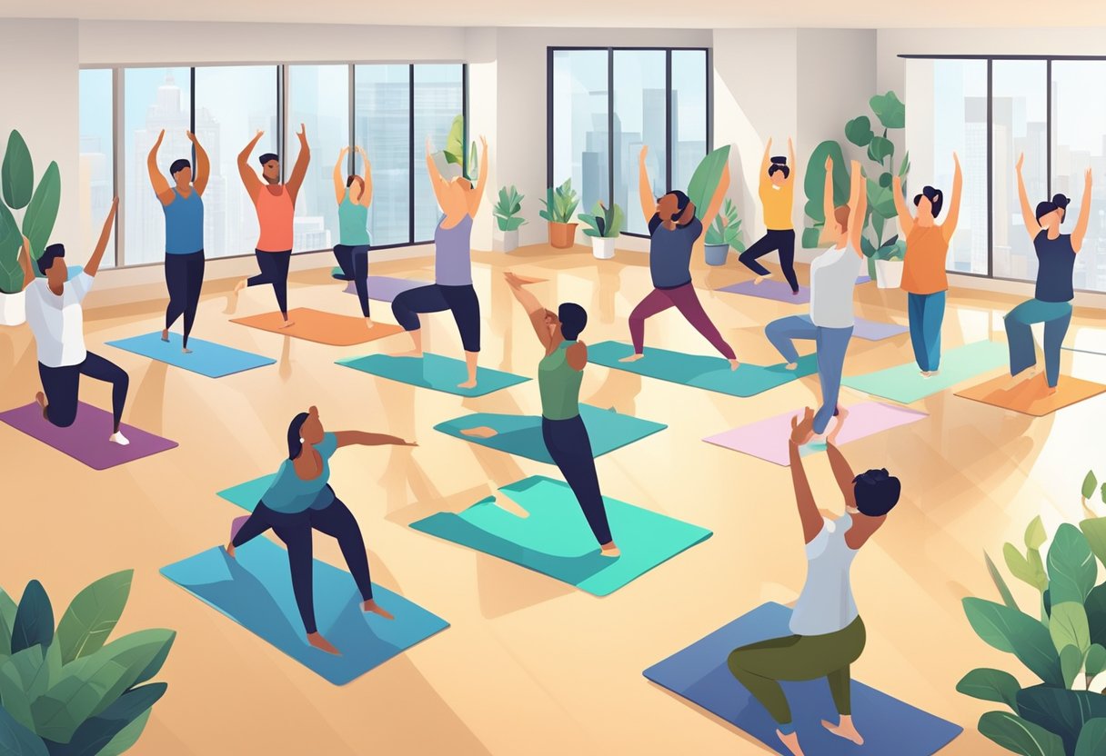 A group of employees engage in wellness activities at their workplace, such as yoga, meditation, and fitness classes, while a corporate leader observes and ensures compliance with legal and ethical guidelines