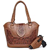 Montana West Women Shoulder Bag Concealed Carry Handbag Fashion Tooling Tote Bag with Detachable Holster WRLH-8005BR