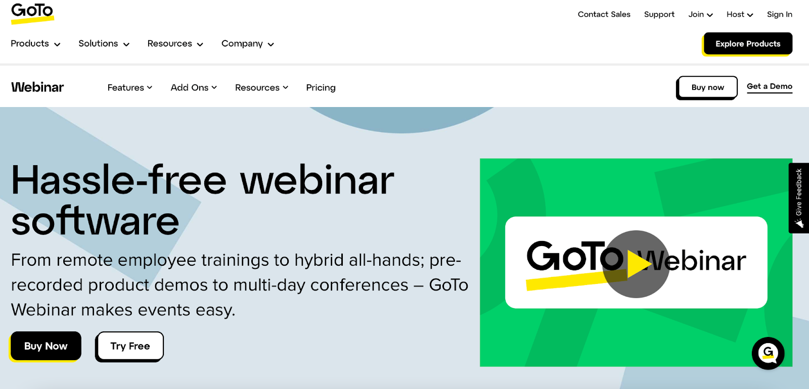 Screenshot of GoToWebinar homepage