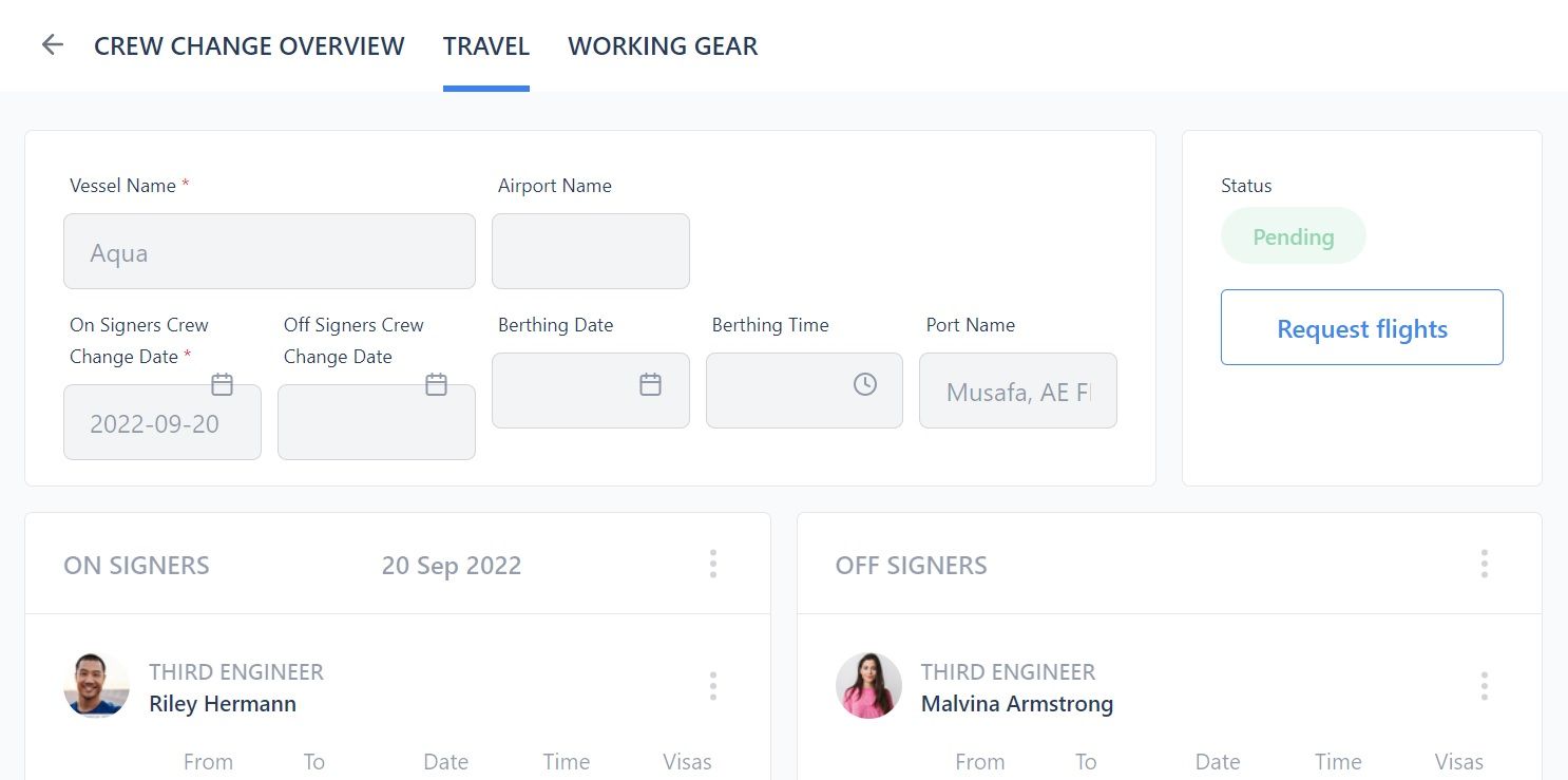 Screenshot of Martide's maritime crew management system showing the Travel page